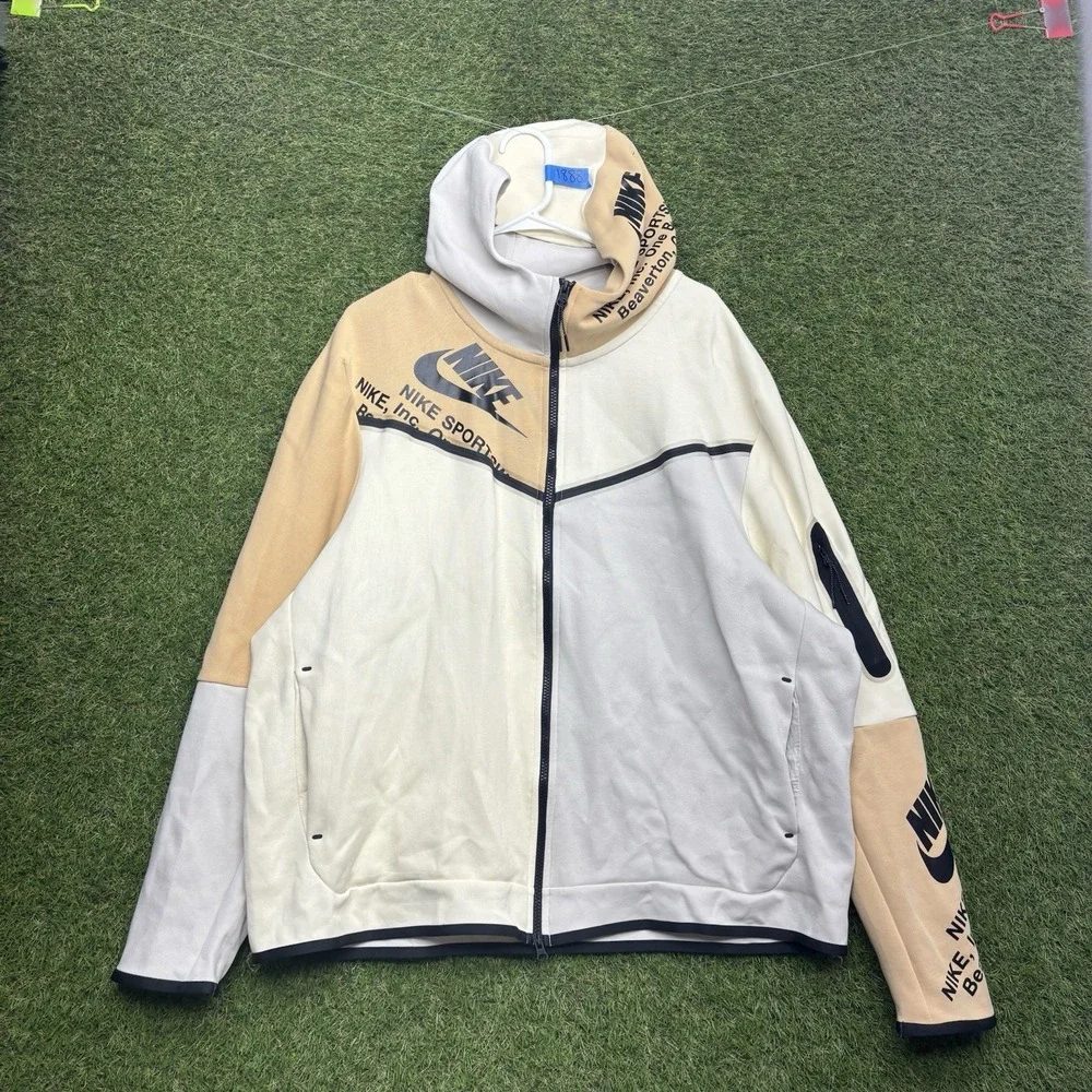 Nike Tech Fleece Hoodie Mens 2XL Colorblock Beige Cream Grey Zipper Arm Pocket